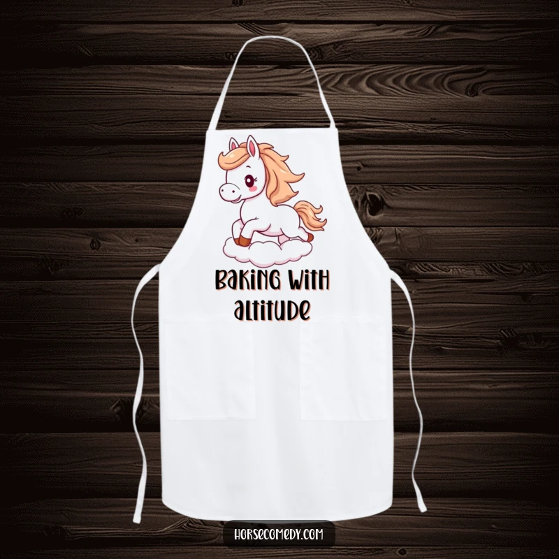 Funny horse apron showing a fluffy horse with flowing mane, excitedly galloping on a cloud.