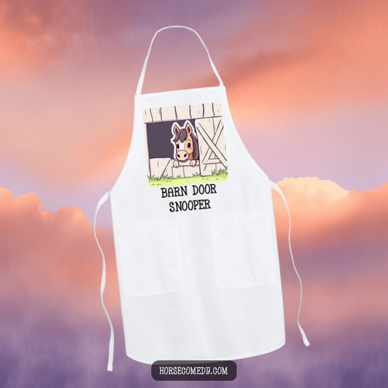 Funny Horse Barn Peek Apron featuring a curious horse peeking from a barn, making cooking and kitchen tasks more humorous and enjoyable.