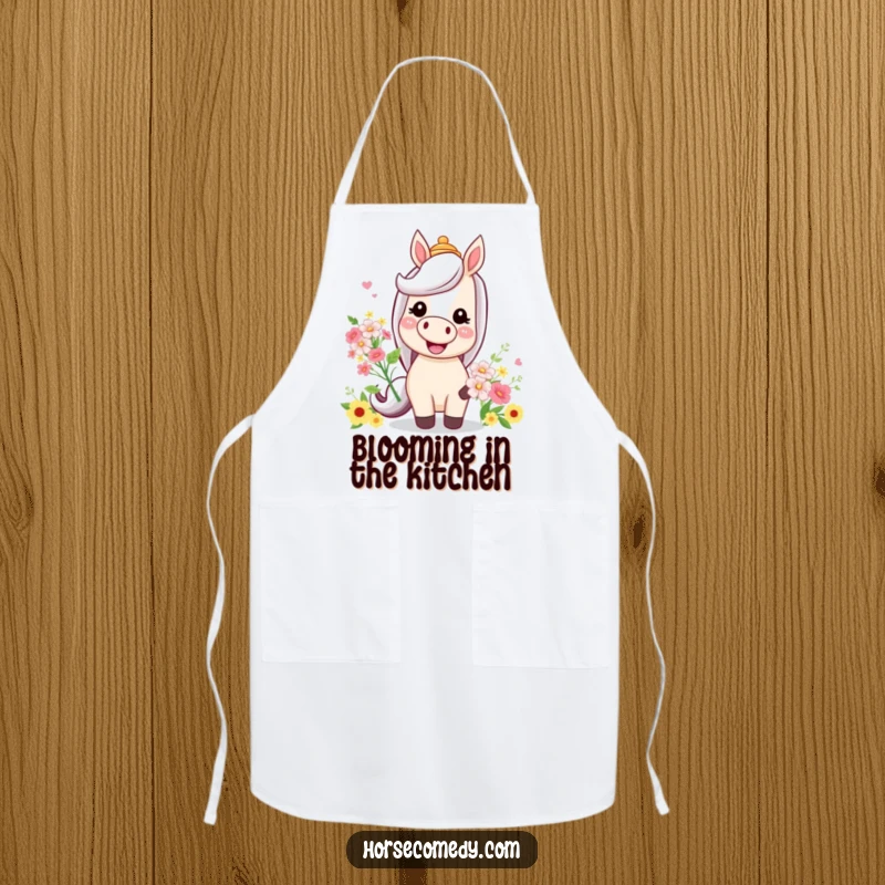 Funny apron illustrating a horse with a big smile, a silly hat, and flowers, designed for kitchen use.
