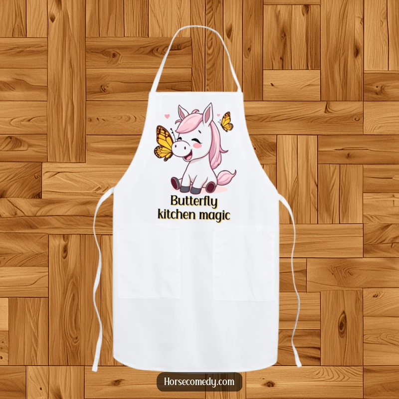 Funny horse character giggling while being tickled by a playful butterfly on an apron, bringing comical joy and laughter to the kitchen.