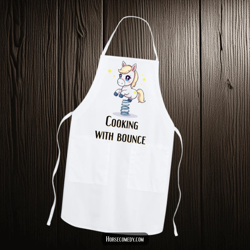 Funny horse apron, with a starry-eyed horse balancing on a bouncing spring. Adds humor and energy to cooking.
