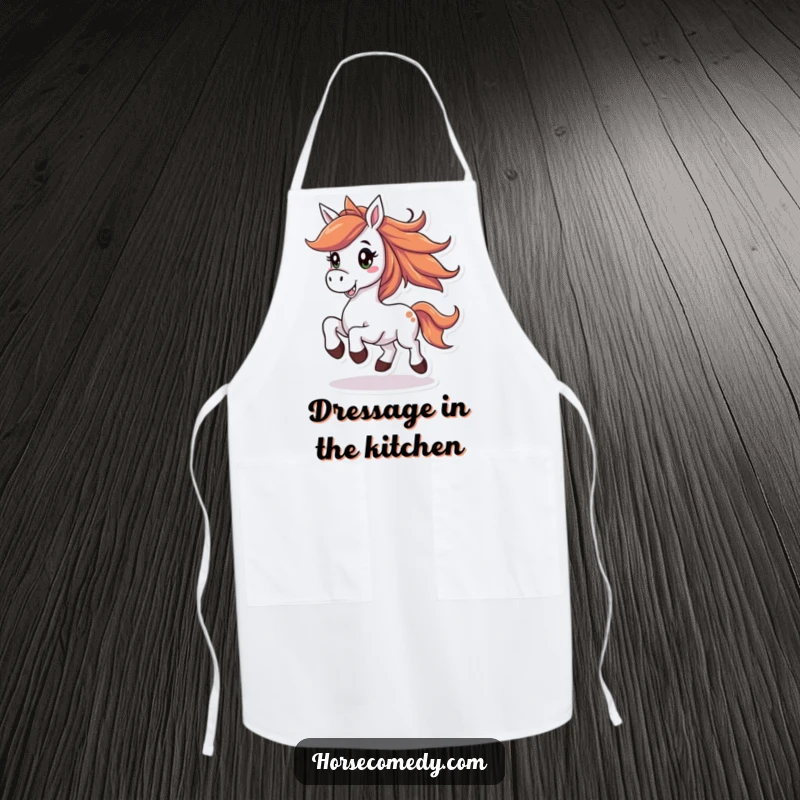 Funny horse apron depicting a joyful horse with a flowing mane, prancing with a big smile, ideal for kitchen fun.