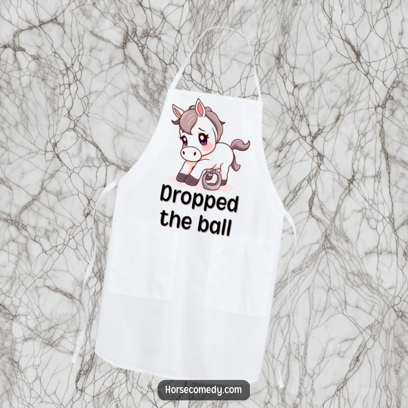 Funny apron with a horse comically tripping over a small, shiny horseshoe, eyes wide with surprise.