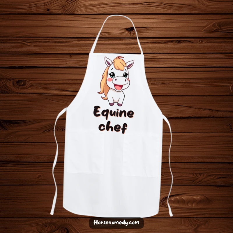 Funny Apron featuring a happy horse creature neighing cheerfully, ideal for kitchen fun and protection.