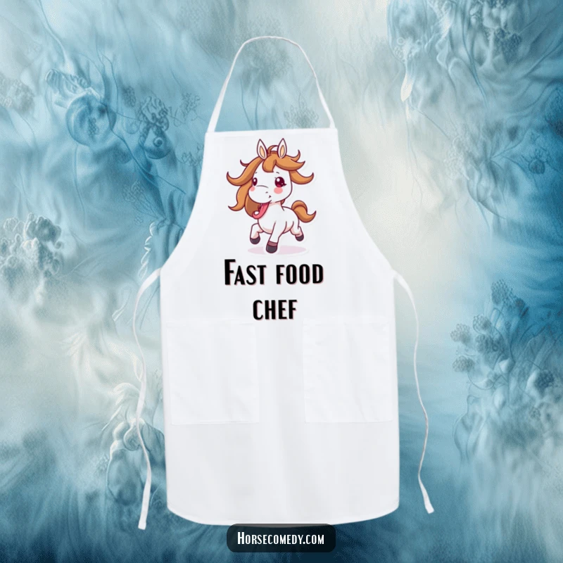 Funny horse apron showing a horse character joyfully galloping with its mane flying and tongue out, perfect for spirited cooking.