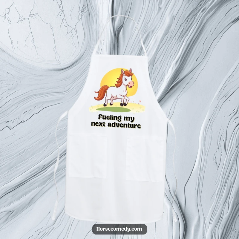 Funny horse apron showing a happy horse galloping towards a sunset, designed for kitchen adventures and bringing smiles while cooking.
