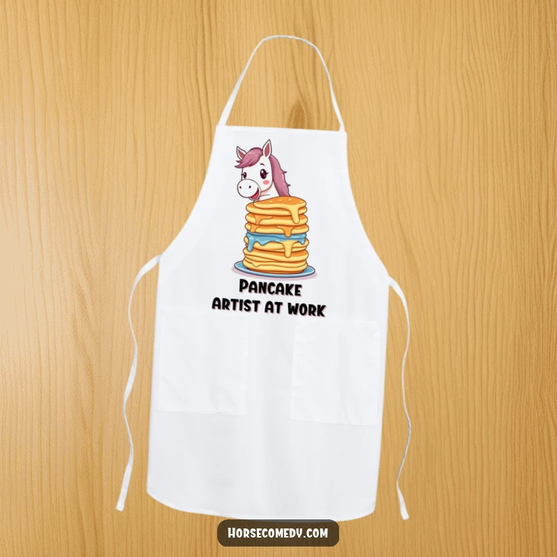 Funny horse apron showing a delighted horse character balancing a tall, colorful stack of wobbling pancakes, perfect for kitchen fun.