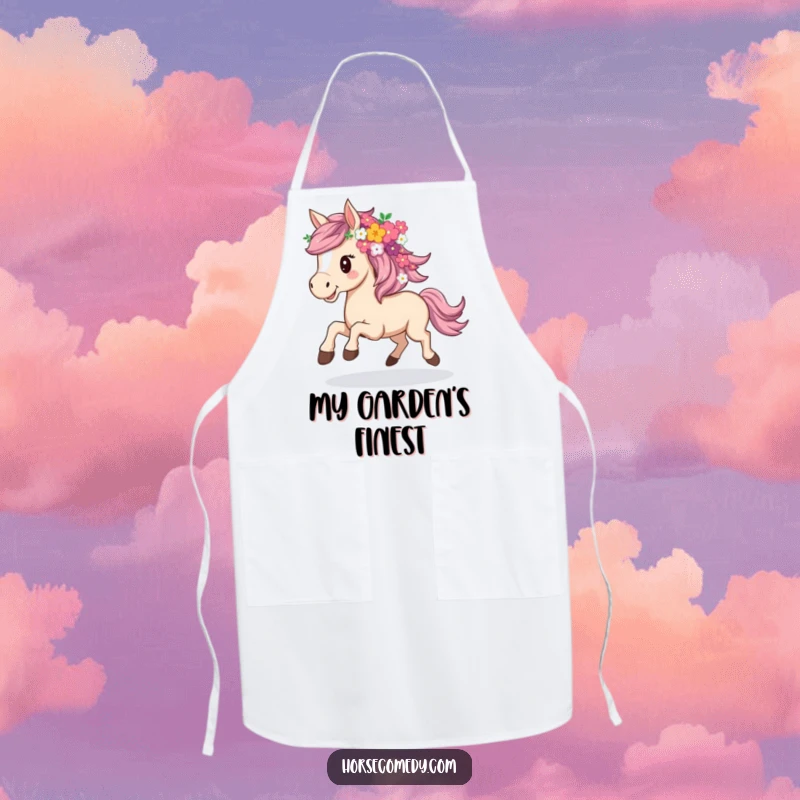 Funny apron showcasing a horse joyfully galloping, its mane adorned with a charming arrangement of flowers.