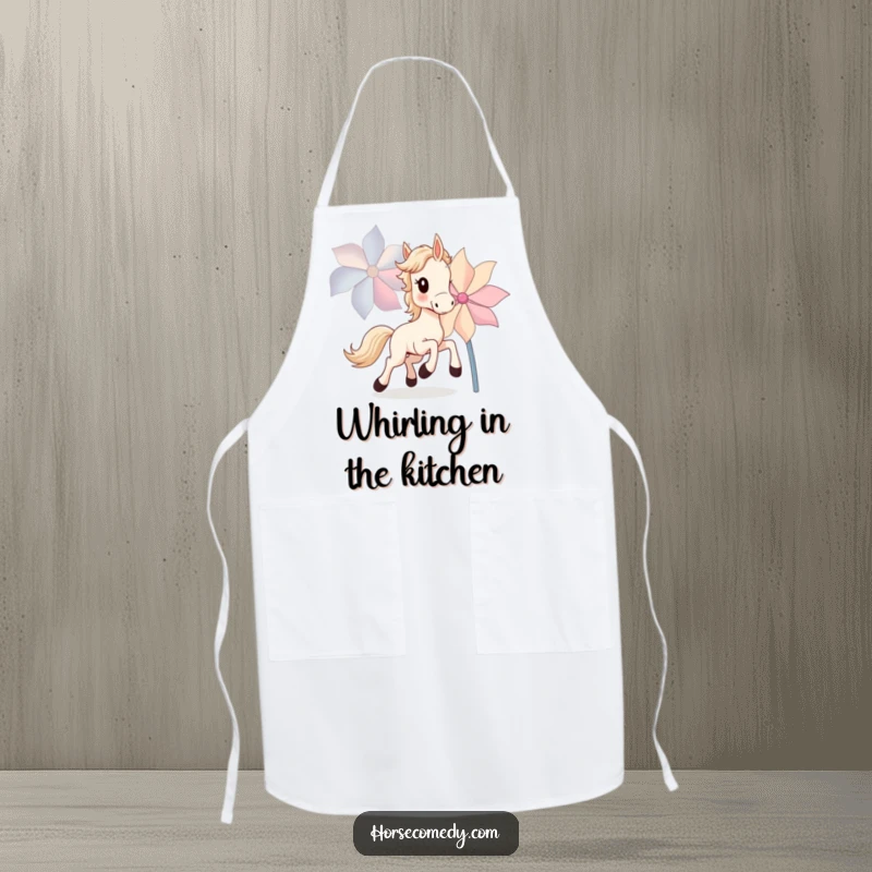 Funny Horse Cub Apron depicting a small horse cub joyfully chasing a large, spinning pinwheel.