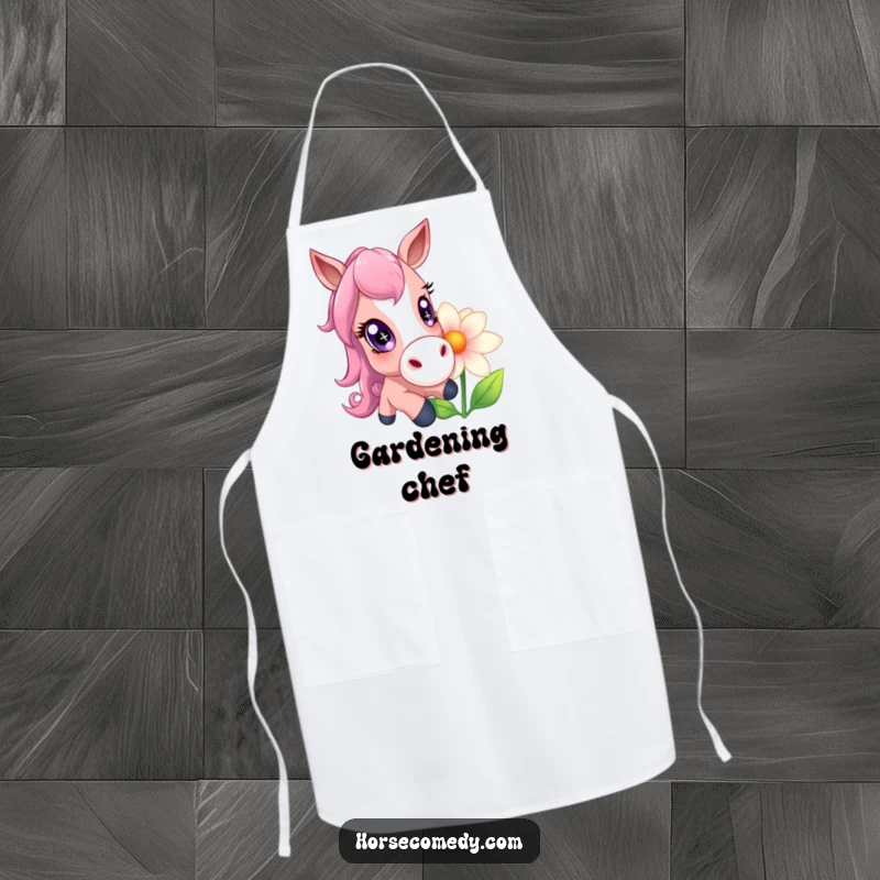 Funny horse with enormous, sparkling eyes playfully nudging a giant flower, a hilarious apron for gentle tasks.