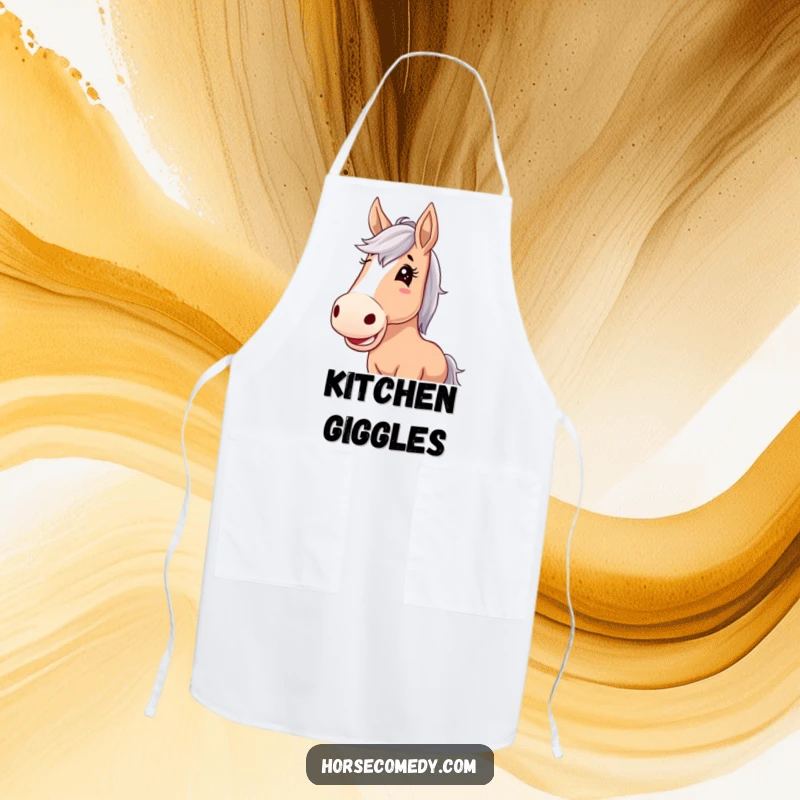 Funny horse apron, horse with exaggerated floppy ears, giggling joyfully, perfect for a lighthearted and amusing cooking experience.