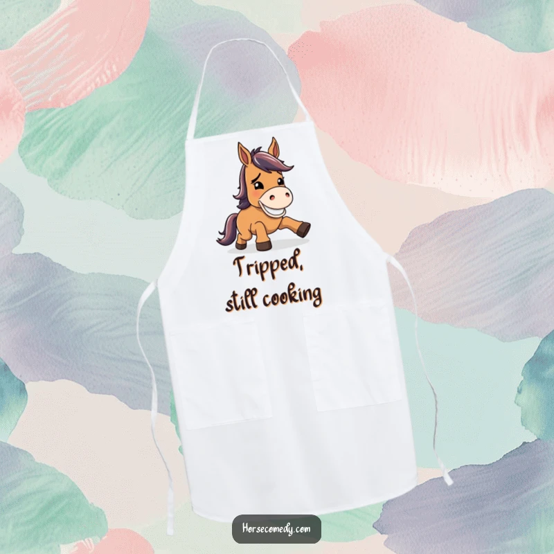 Funny horse apron, character stumbling slightly, then offering a wide, goofy grin, perfect for a humorous and resilient cooking experience.