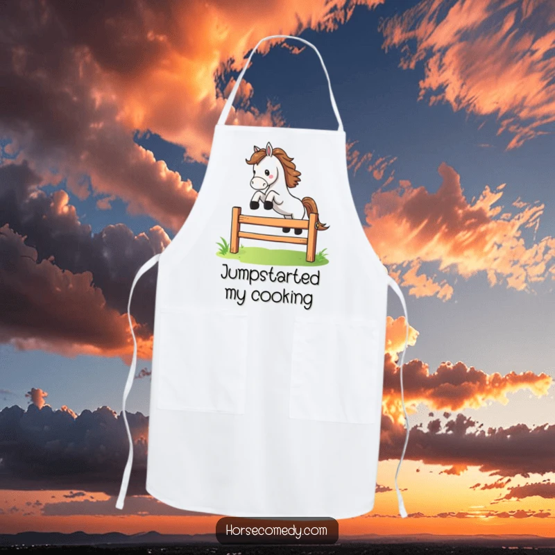 Funny horse character dramatically leaping over a small, colorful fence on an apron, bringing energetic and comical flair to the kitchen.