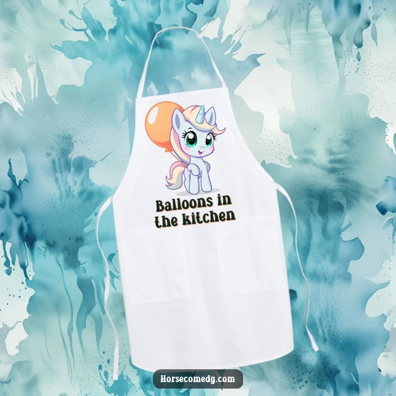 Funny pony apron showing a pony with wide, curious eyes, balancing a large, colorful balloon.