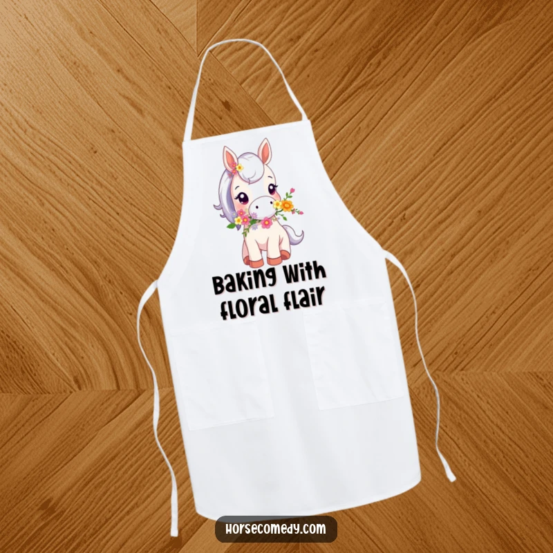 Funny apron featuring a tiny horse animal carrying a bouquet of flowers in its mouth, designed for kitchen fun and protection.