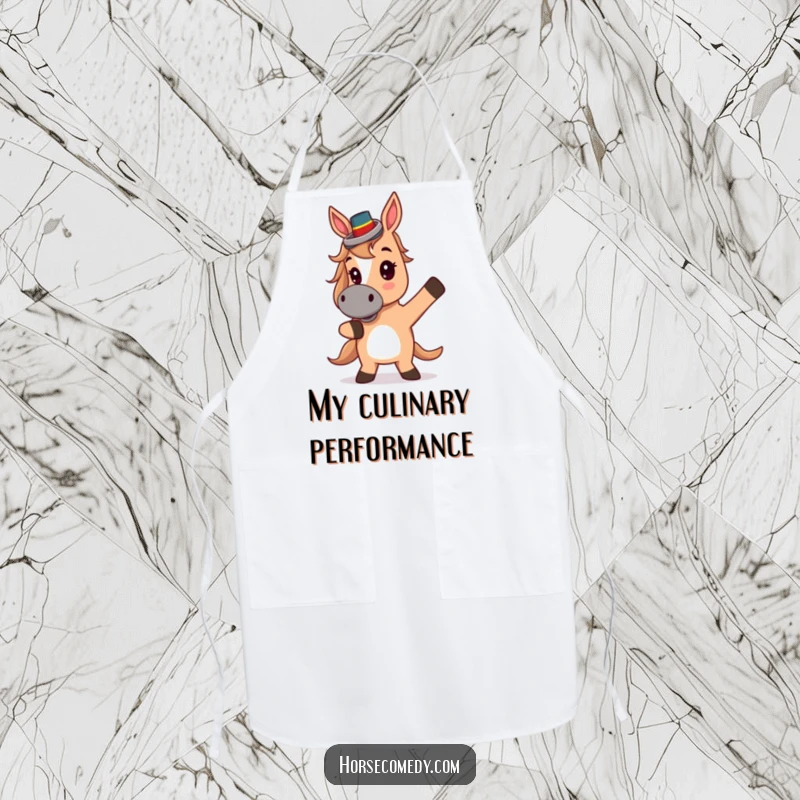 Funny Apron: A cute horse in a tiny top hat strikes a theatrical pose, perfect for culinary performances.