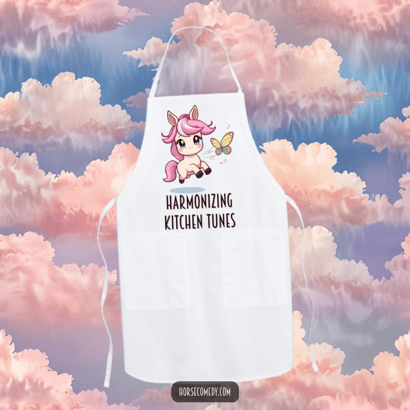 Funny apron featuring a horse character with twinkling eyes playfully chasing a butterfly made of musical notes, perfect for a humorous and musical cooking experience.