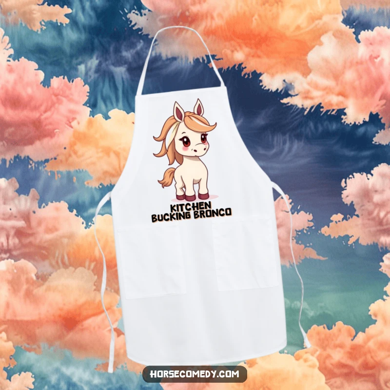 Funny apron featuring a horse with a wide, flowing mane, playfully bucking, designed for kitchen fun and protection.
