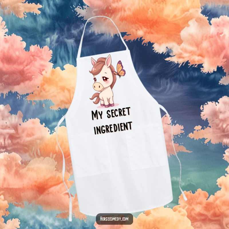 Funny Apron featuring a horse with a curious head tilt, watching a butterfly, ready for kitchen fun.