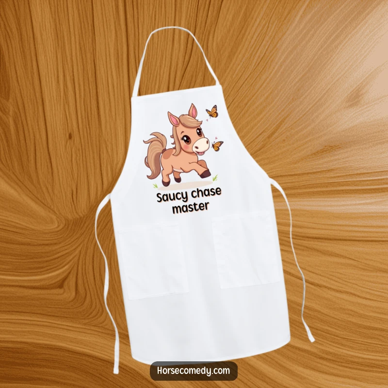 Funny Horse Butterfly Chase Apron featuring a horse joyfully chasing a butterfly, making kitchen tasks more fun and delightful.