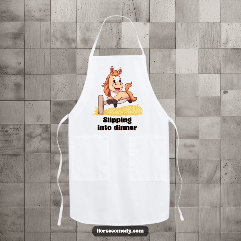 Funny horse apron showing a horse with a playful grin, sliding down a banister made of hay.