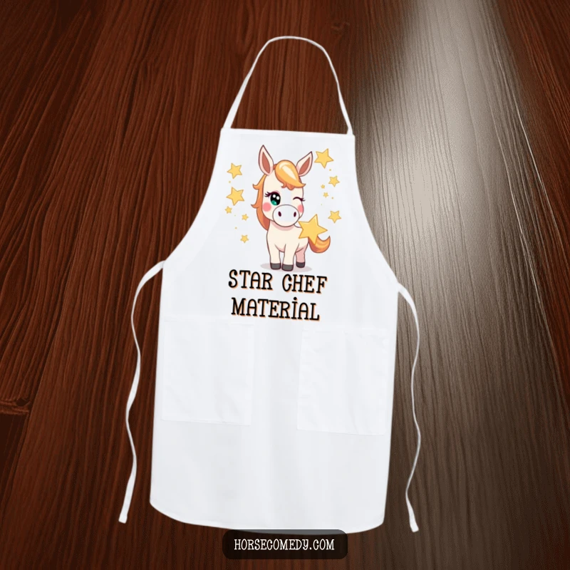 Funny horse apron showing a mischievous horse character winking while juggling oversized, bright stars, perfect for celestial kitchens.