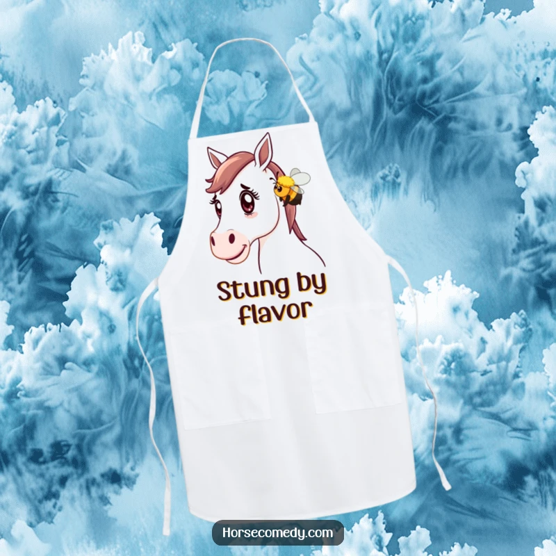 Funny Horse Apron: A horse looks surprised as a friendly bumblebee playfully nudges it, adding a touch of humor to kitchen tasks.
