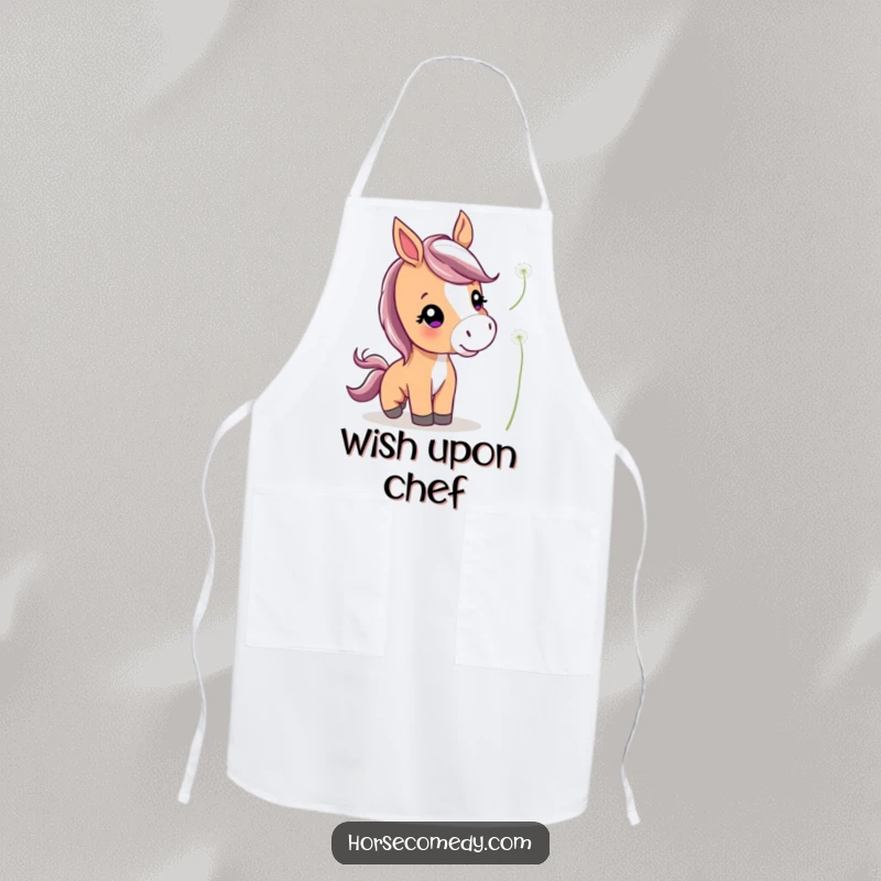 Funny Cute Horse Apron depicting a cute horse with perked ears playfully nudging a floating dandelion.