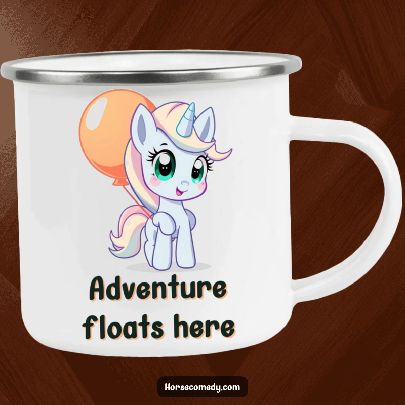 Funny pony camping mug with wide, curious eyes, balancing a large, colorful balloon.