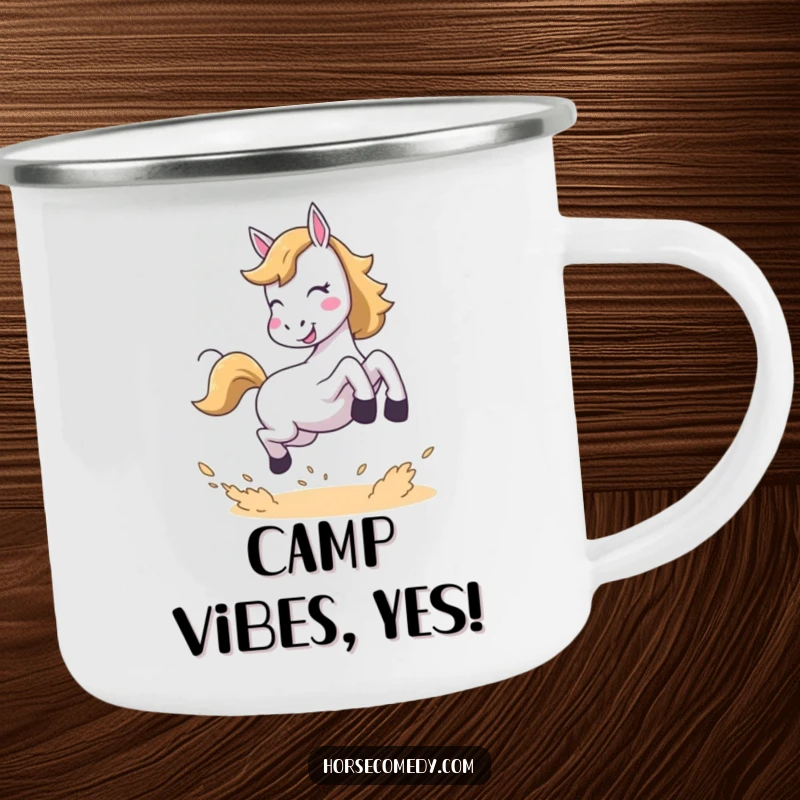 Funny camping mug featuring a horse joyfully leaping and kicking up dust, perfect for outdoor enthusiasts and humorous drinks.