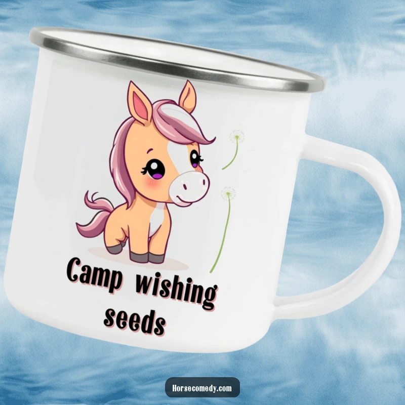 Funny Cute Horse Camping Mug showing a cute horse with perked ears playfully nudging a floating dandelion, ready for outdoor enjoyment.