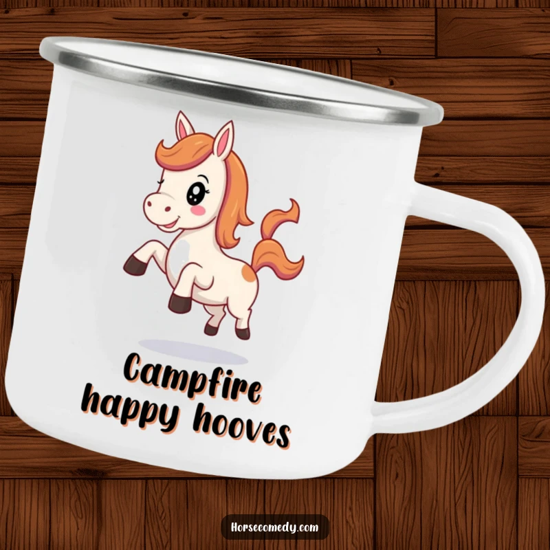 Funny Kawaii Horse Camping Mug showing a cute horse neighing joyfully and kicking its heels playfully, ready for outdoor fun.