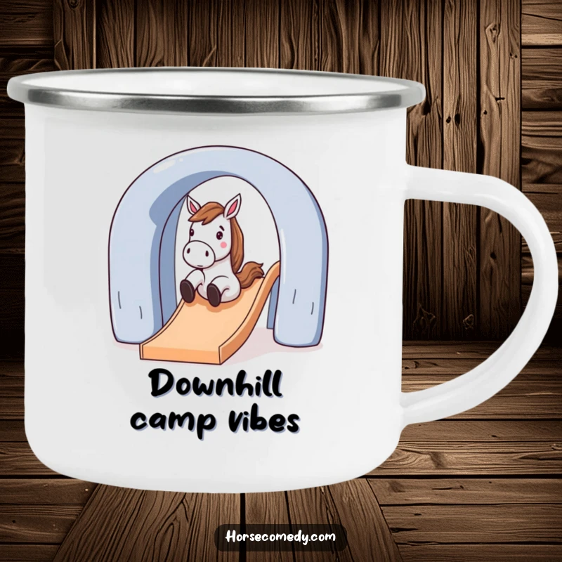 Funny horse character gleefully sliding down a large, arched slide on a rugged camping mug, for playful outdoor humor.
