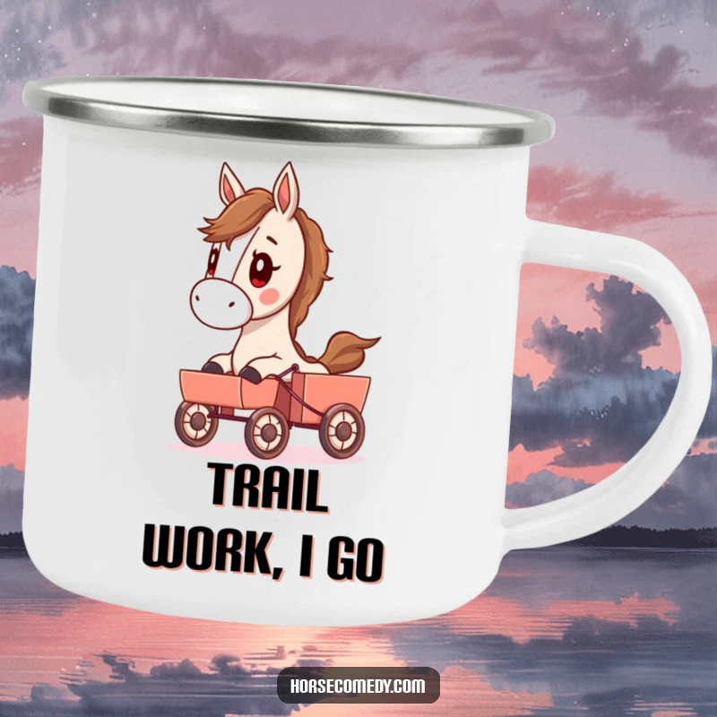 Funny camping mug featuring a determined horse character pulling a small cart, perfect for outdoor adventures and humorous drinks.