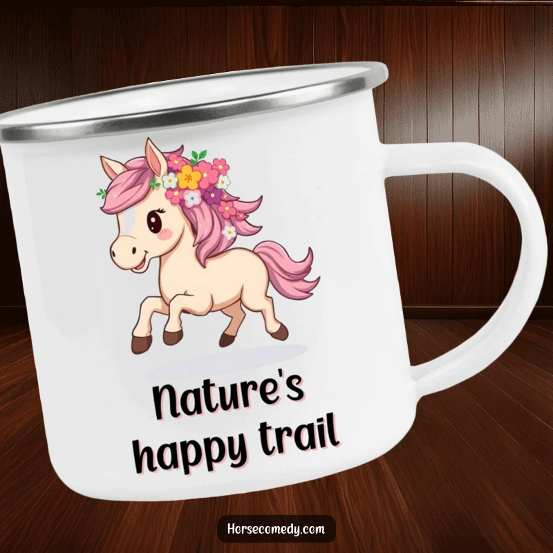 Funny camping mug featuring a horse joyfully galloping, its mane adorned with a collection of flowers.