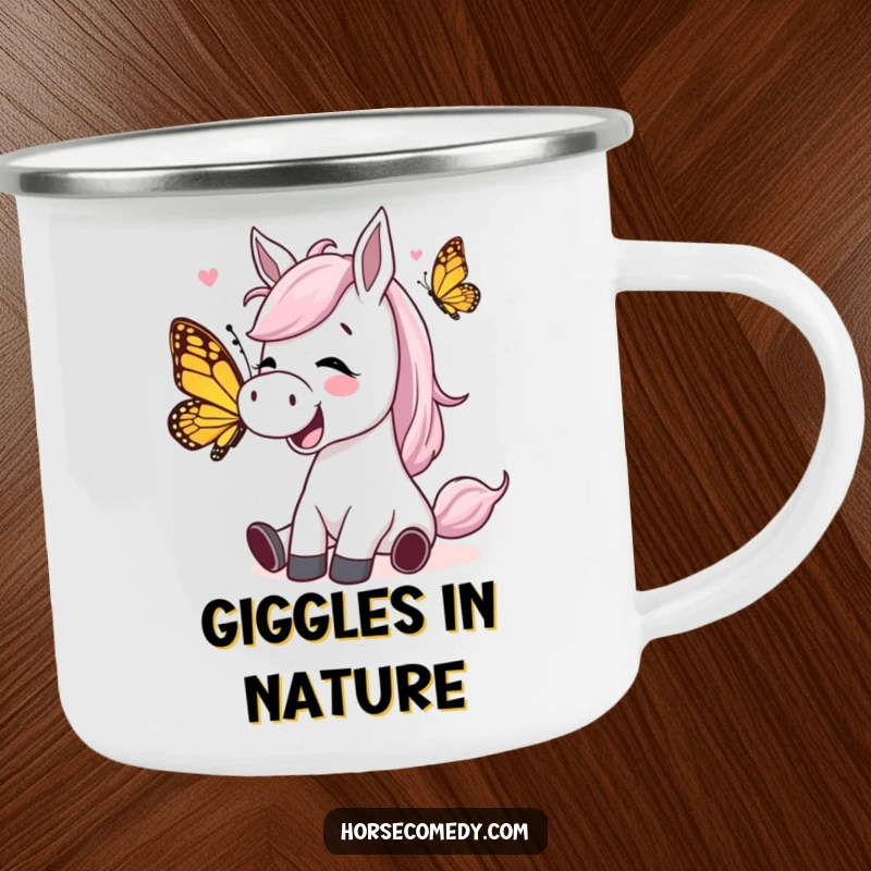 Funny horse character giggling while being tickled by a playful butterfly on a camping mug, ready for joyful, comical outdoor fun.