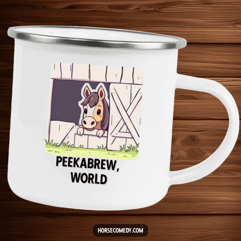 Funny Horse Barn Peek Camping Mug showcasing a curious horse peeking from a barn, perfect for enjoying drinks outdoors with a humorous flair.