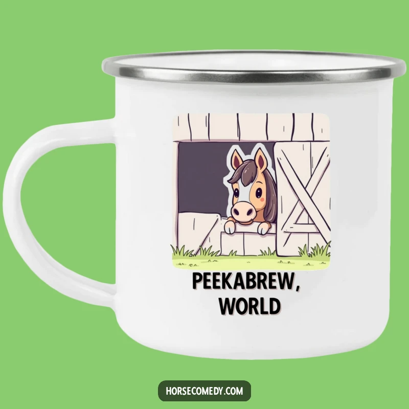 Funny Horse Barn Peek Camping Mug: Outdoor Curiosity, Rustic Hilarious Gift