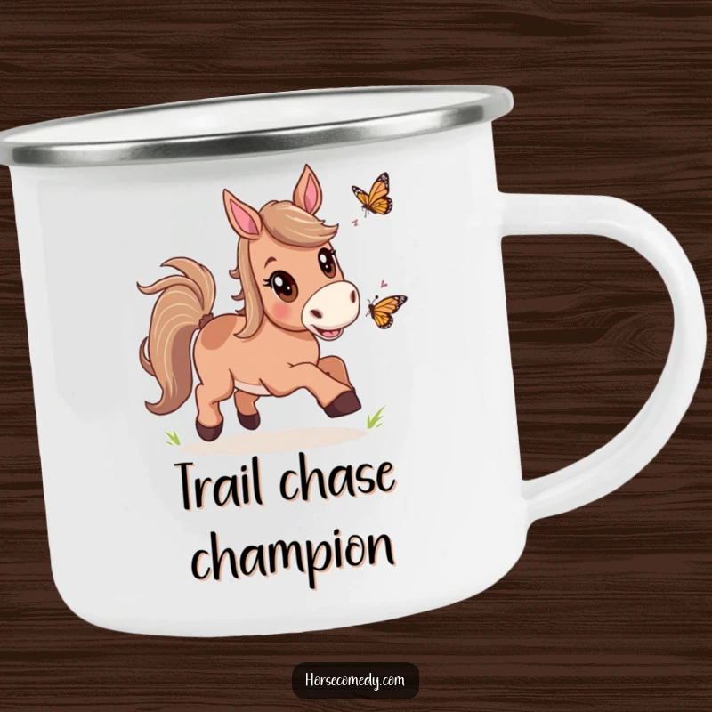 Funny Horse Butterfly Chase Camping Mug showing a horse excitedly chasing a butterfly, perfect for enjoying drinks outdoors with a joyful spirit.