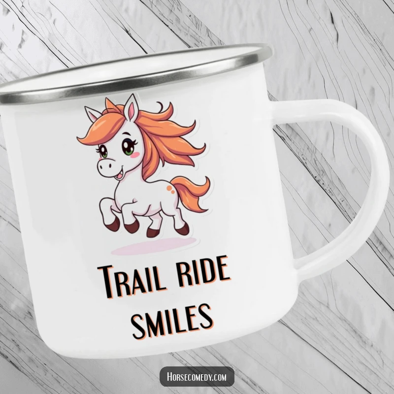 Funny horse camping mug showing a joyful horse with a flowing mane, prancing with a big smile, perfect for outdoor enjoyment.