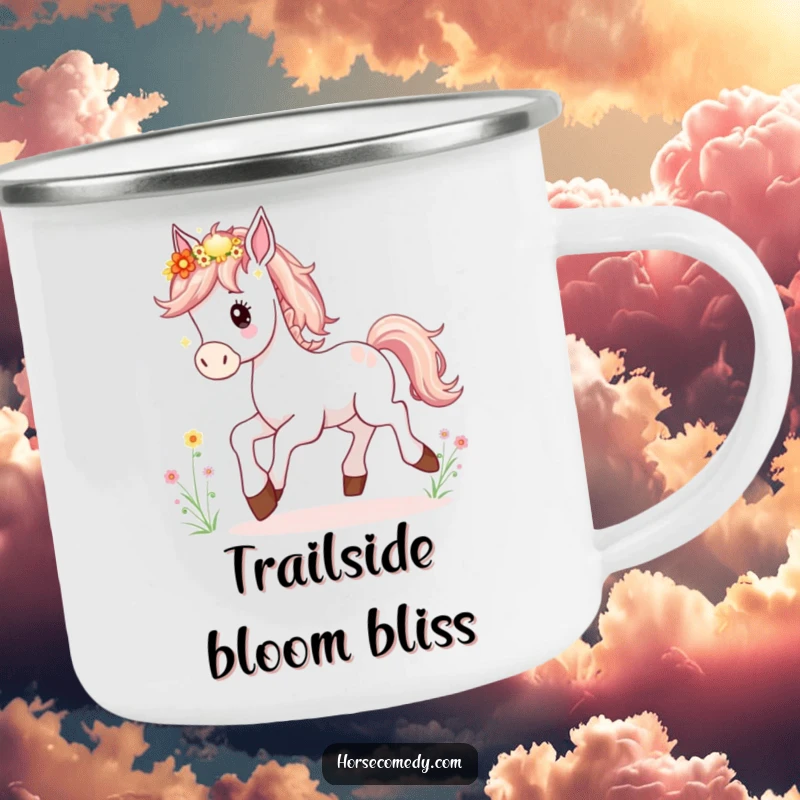 Funny Horse Foal Camping Mug showing a happy young horse prancing, its mane filled with wildflowers, ready for adventure.