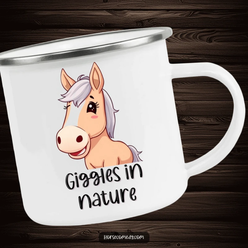 Funny horse camping mug, horse with huge floppy ears, giggling joyfully, for cheerful and amusing outdoor experiences.