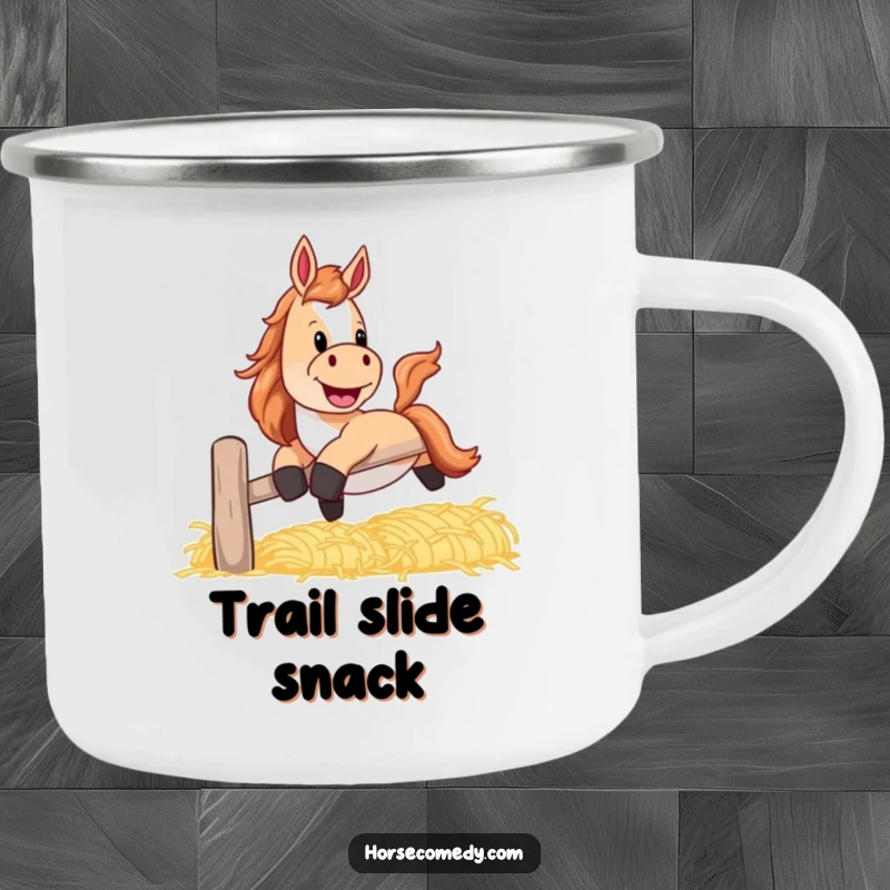 Funny horse camping mug with a playful grin, sliding down a banister made of hay.