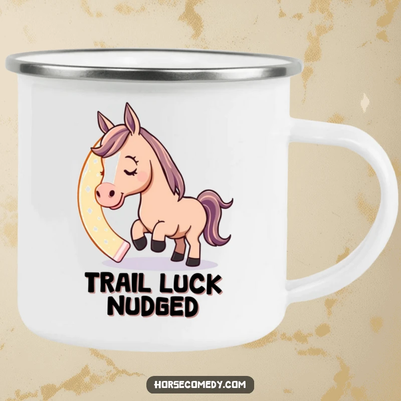 Funny camping mug featuring a playful horse character nudging a giant, glowing horseshoe with its nose, perfect for enjoying drinks outdoors.