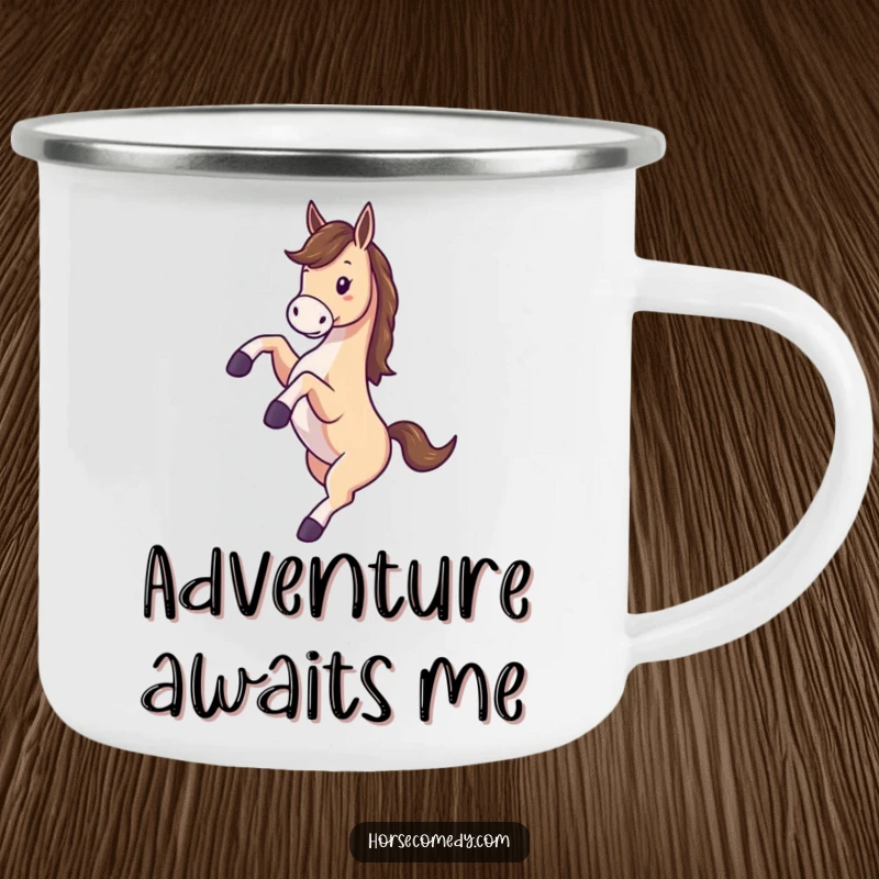 Funny camping mug with a horse kicking its legs freely while spinning under an open sky.