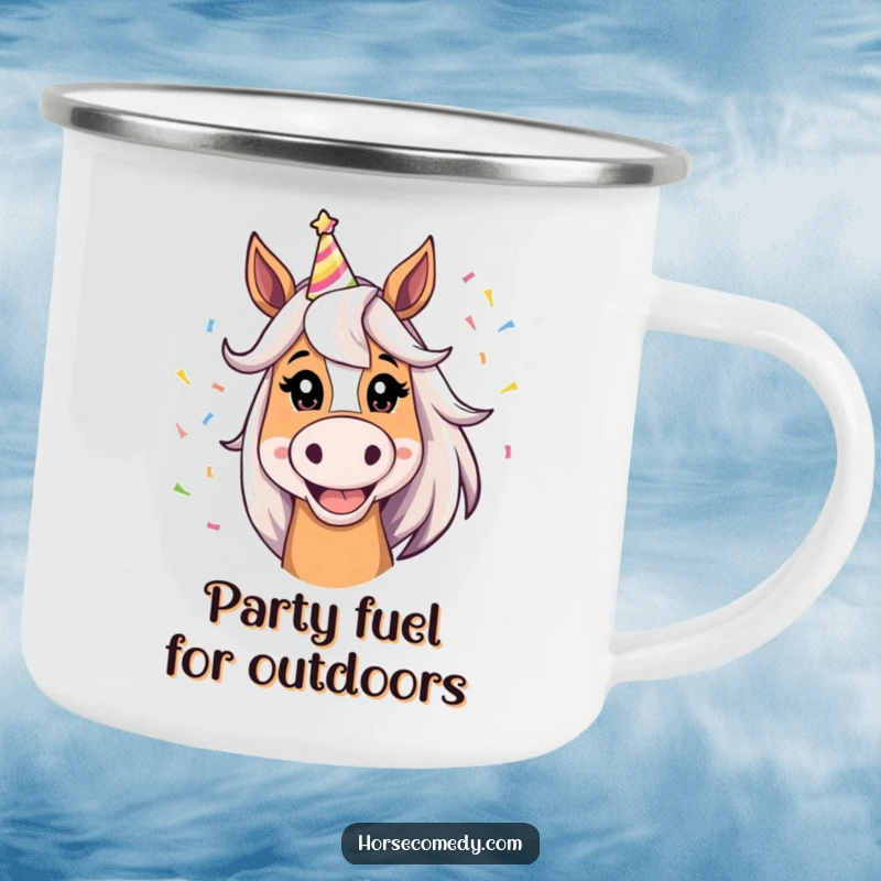 Funny Horse Camping Mug featuring a silly grin horse in a party hat and confetti, perfect for outdoor fun.