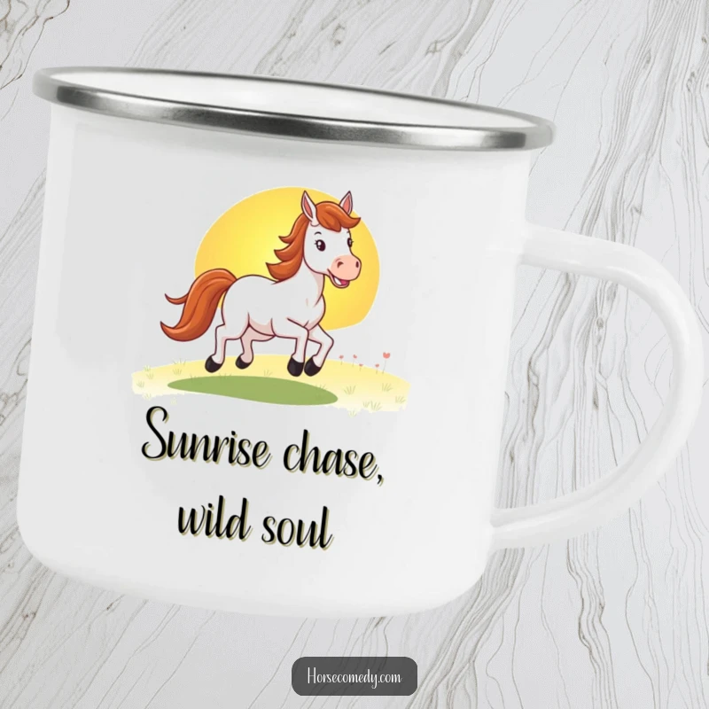 Funny horse camping mug illustrating a happy horse galloping towards a picturesque sunset, great for hot or cold beverages outdoors.