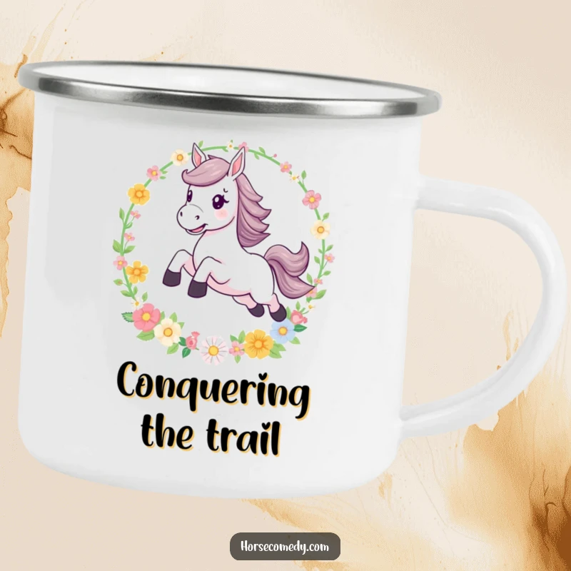 Funny leaping horse flower hoop camping mug, perfect for adventurers who love a touch of magic and whimsical design in their outdoor gear.