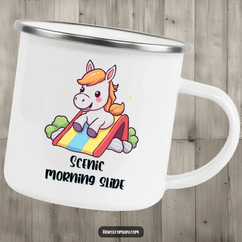 Funny Camping Mug: A happy horse shouts with glee while sliding down a rainbow, perfect for camping.