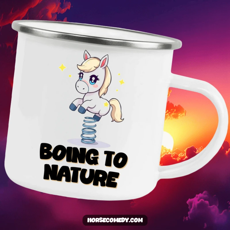 Funny horse camping mug, with a starry-eyed horse balancing on a bouncing spring. Perfect for adventurous souls.